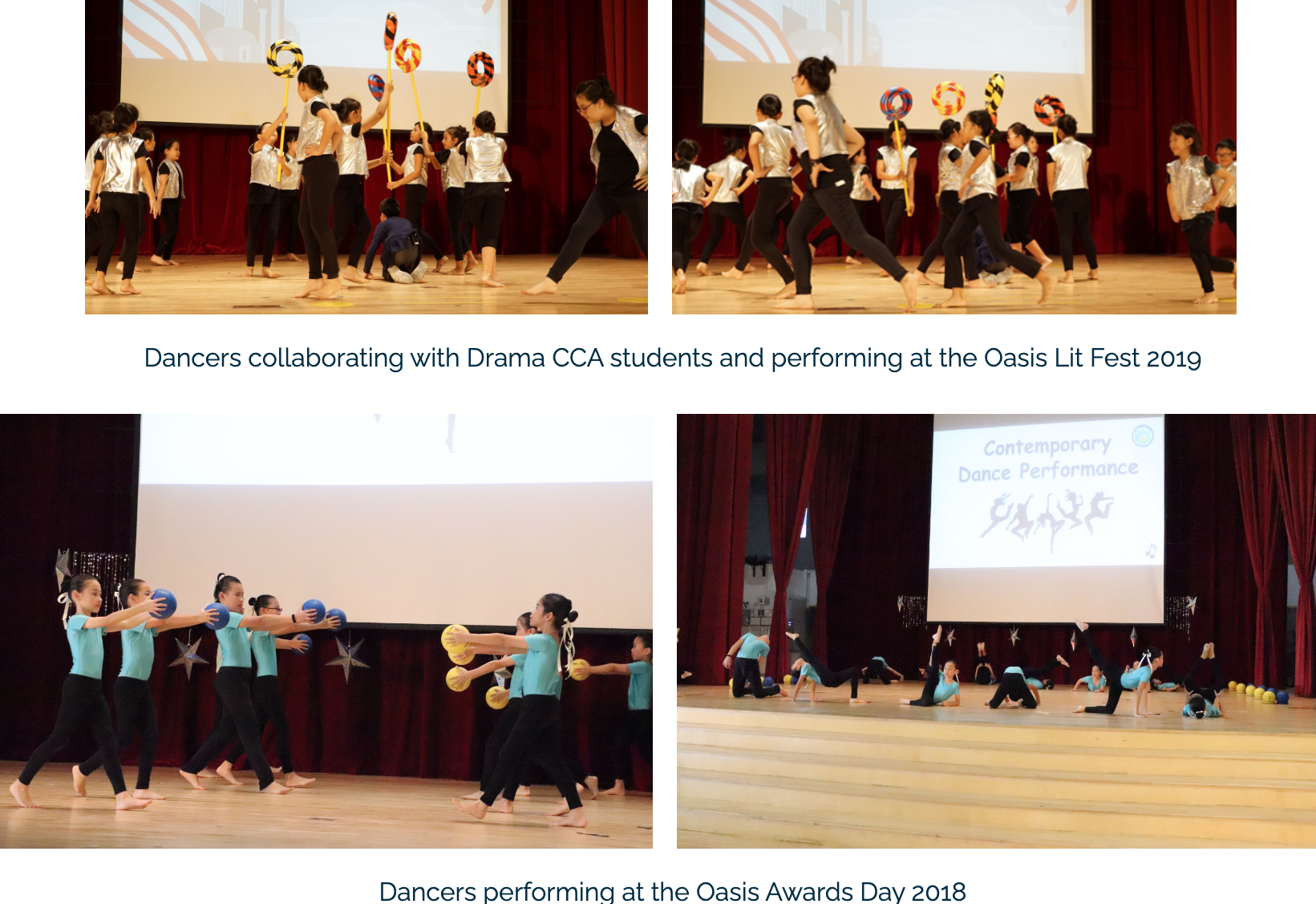 Students perform dance routines on stage at Oasis Lit Fest 2019 and Oasis Awards Day 2018 with props.