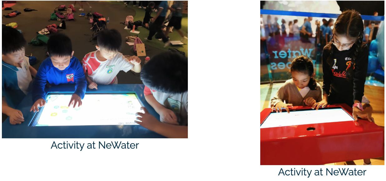 Children interacting with touchscreen displays at NeWater visitor centre activities.