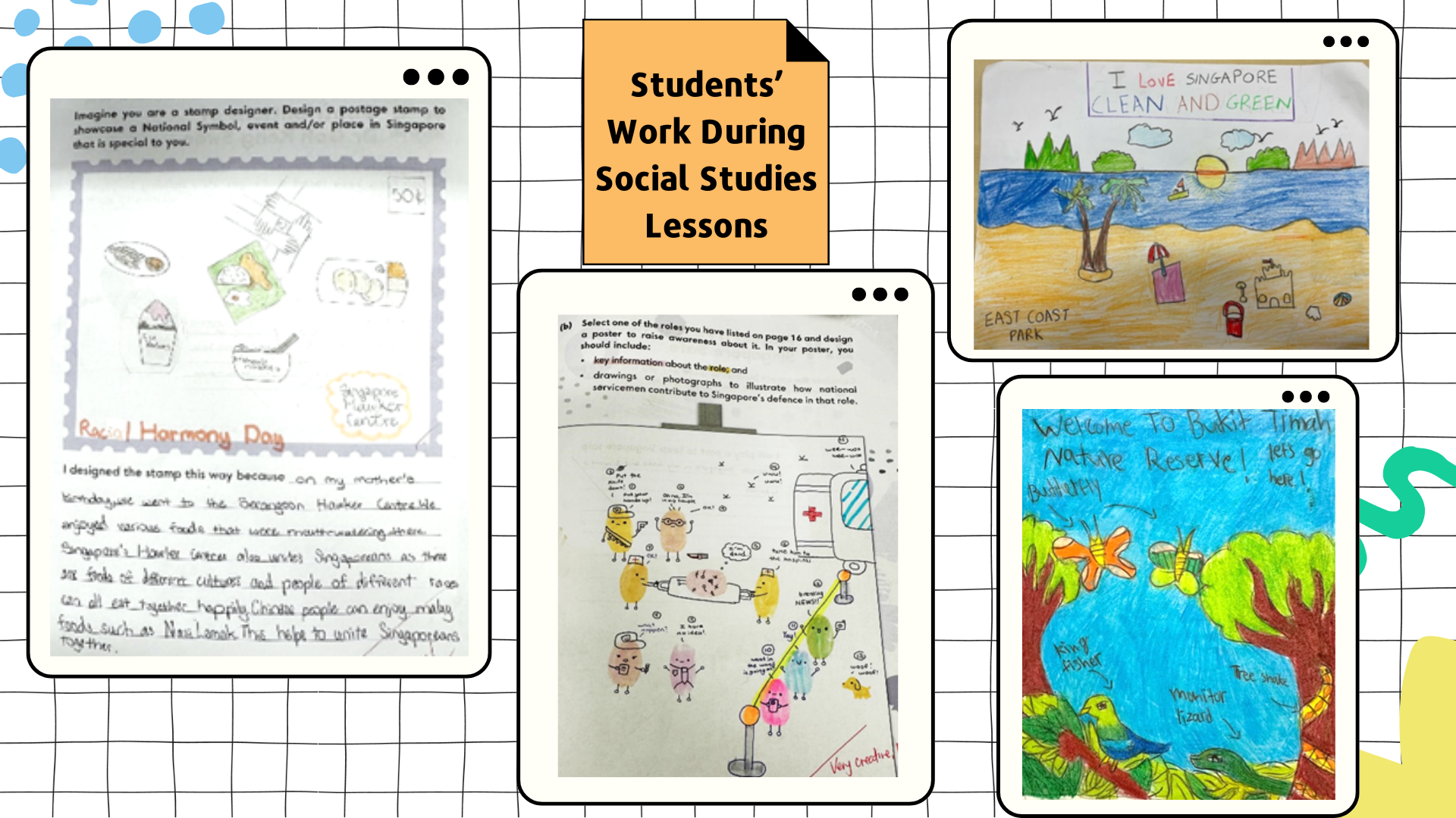 Four student drawings and writings from Social Studies lessons about Singapore, including nature, parks, and harmony themes.