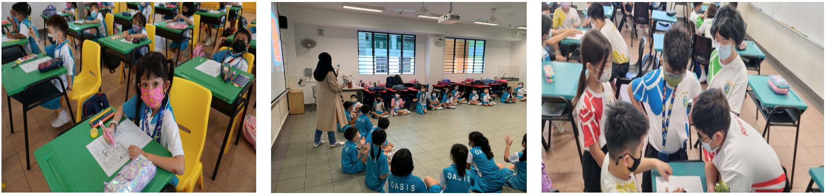 Three classroom scenes showing masked students in blue uniforms at desks and sitting on the floor with a teacher.