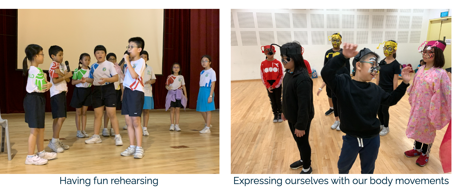 Two school activity photos: children rehearsing with microphones on stage, and kids in costumes with face paint moving expressively.