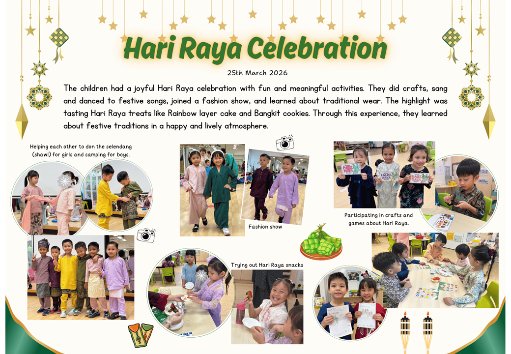 Poster showing preschool children celebrating Hari Raya through traditional dress, a fashion show, crafts, games, and festive snack tasting in a fun classroom setting.