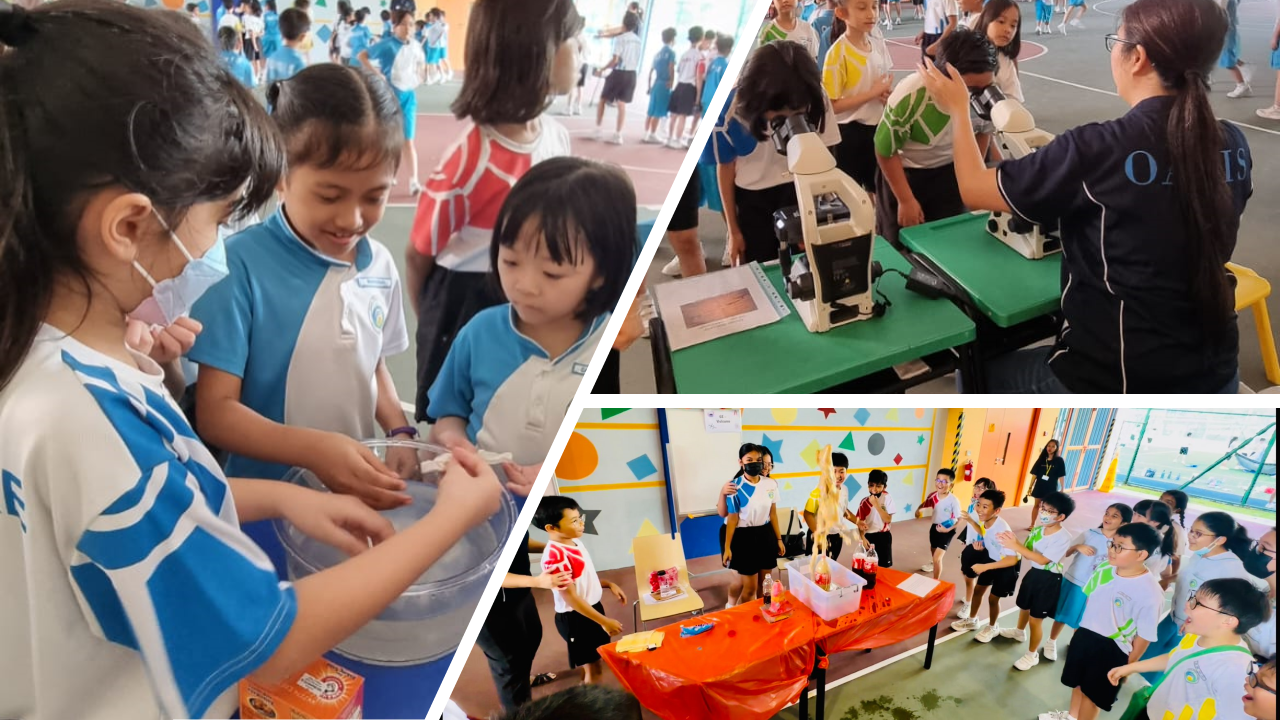 Students in uniforms participate in science fair activities including hands-on experiments, microscope viewing, and a volcano demonstration.