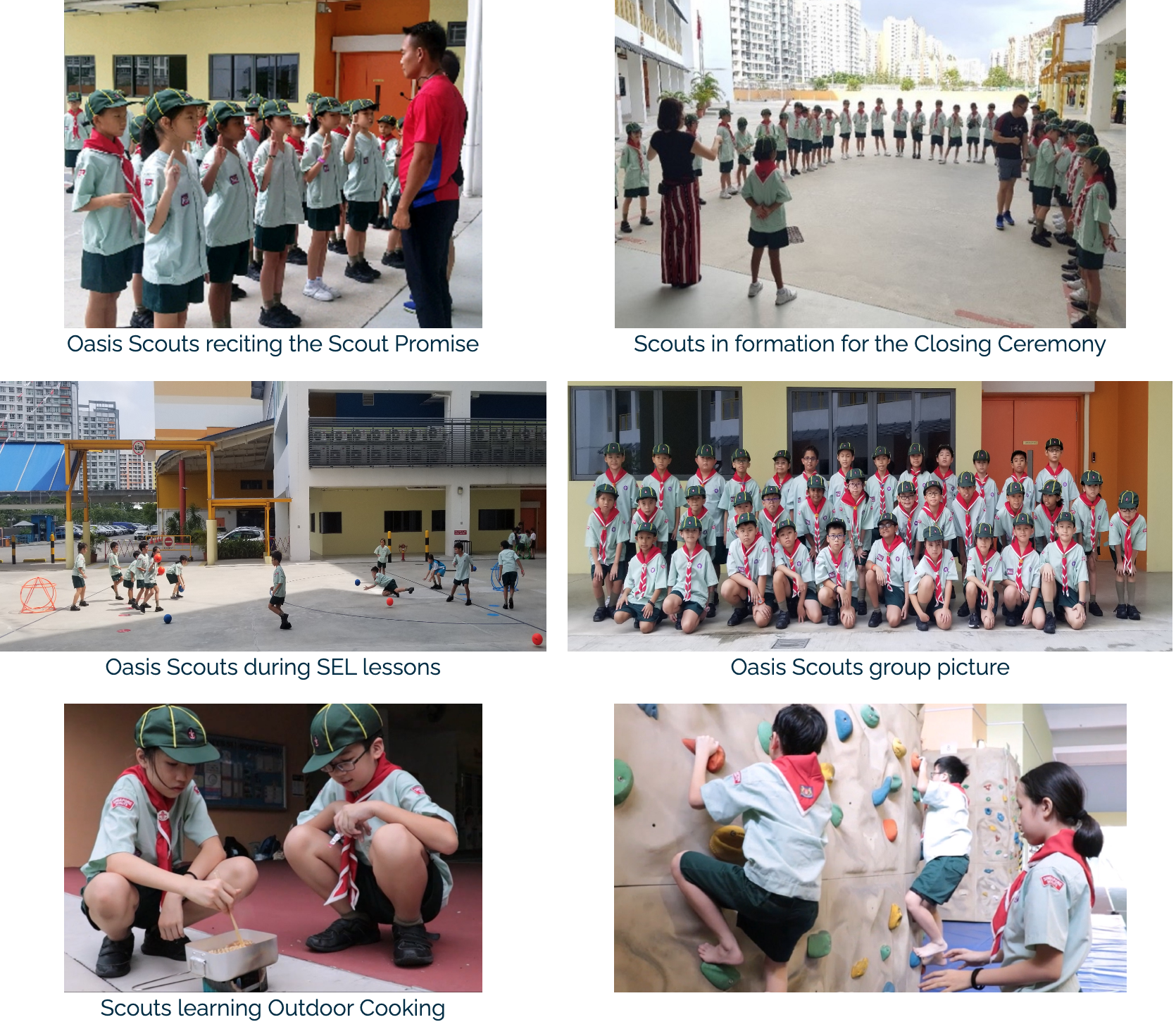 Six photos of Oasis Scouts in uniform doing activities: reciting promise, formation, SEL lessons, group photo, cooking, and climbing.