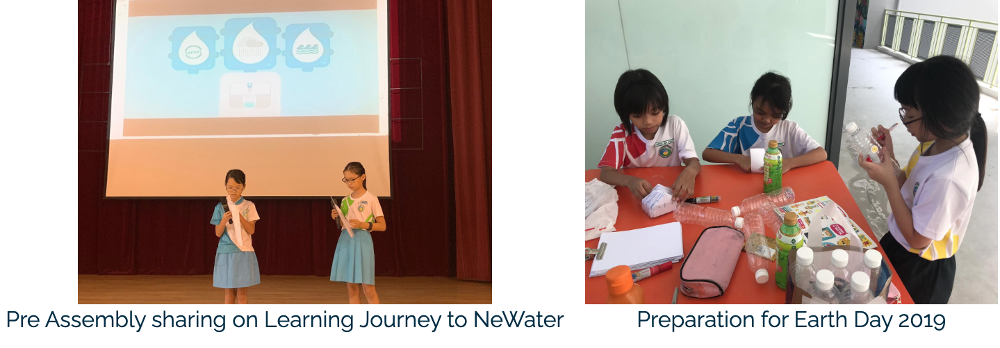 Two girls present on stage; three students work at a table with bottles and materials for Earth Day.