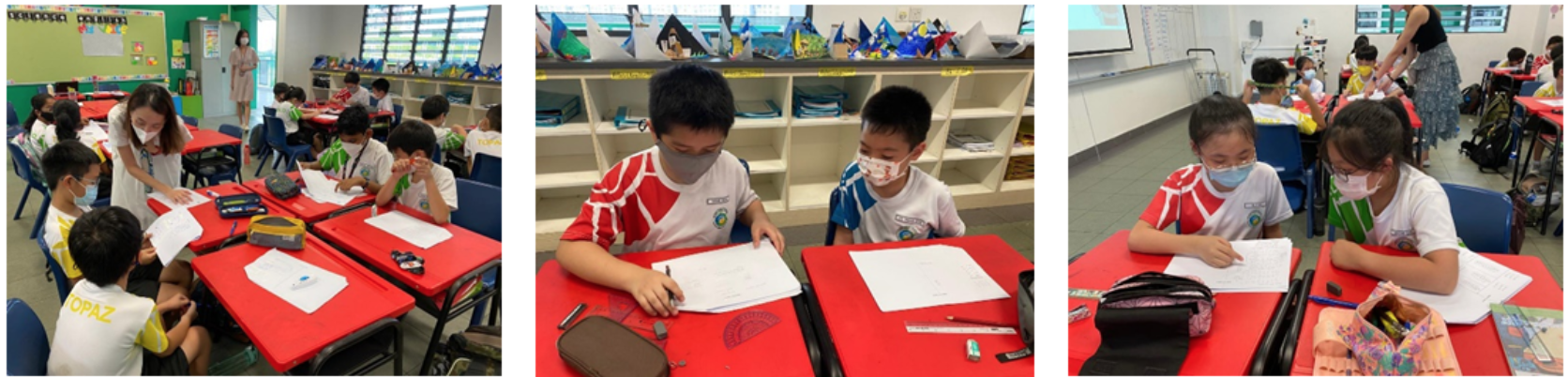 Three classroom photos showing masked students at red desks writing on paper, with a teacher assisting them.