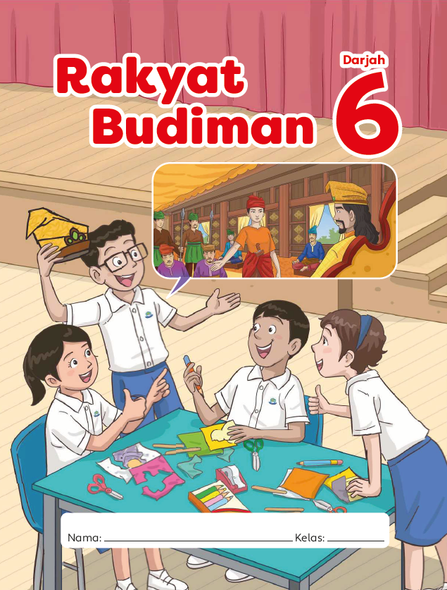 Cover of "Rakyat Budiman Darjah 6" showing four cartoon schoolchildren at a craft table with scissors and paper.