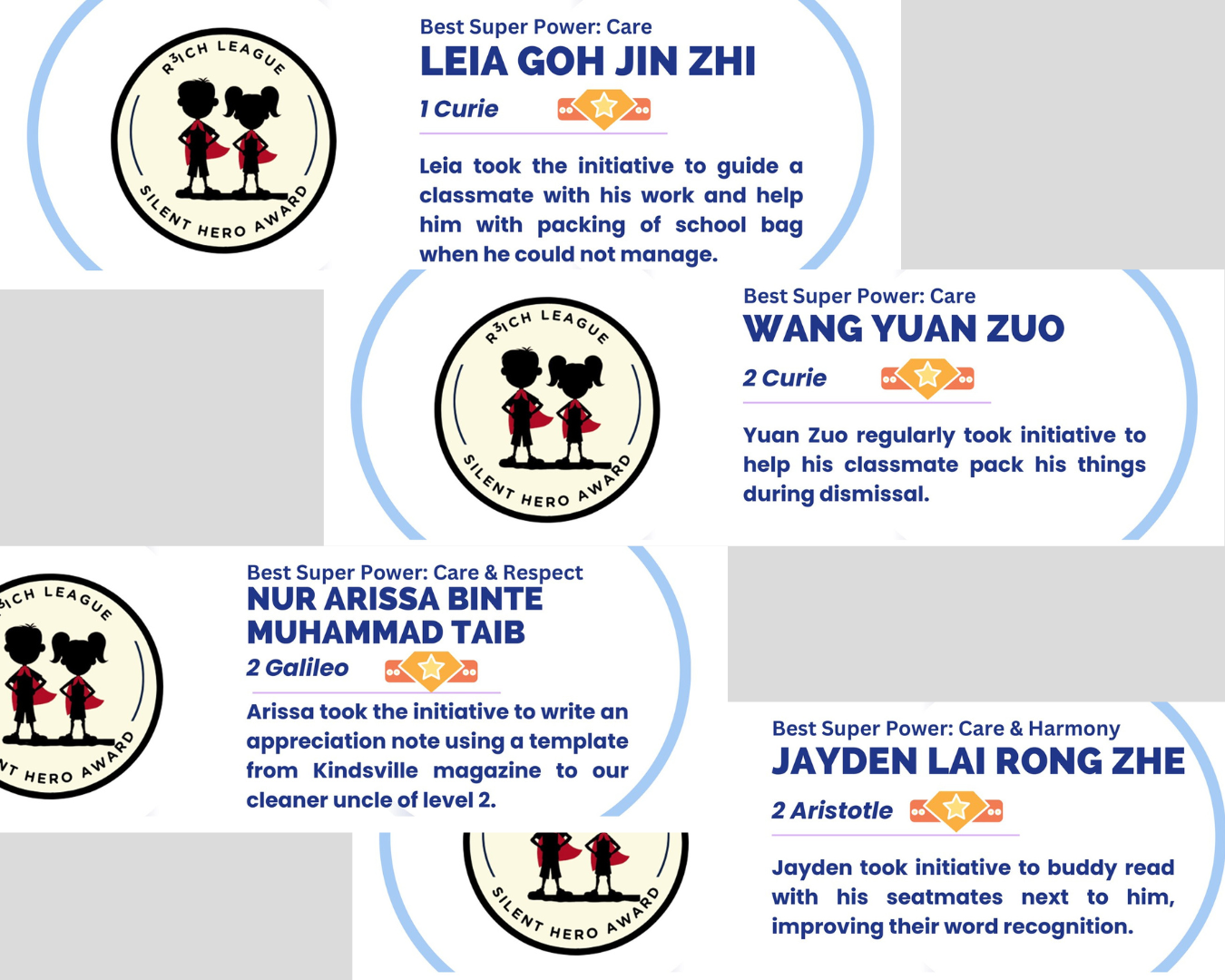 Four R3ich League Silent Hero Award cards recognizing students for acts of care, respect, and harmony.