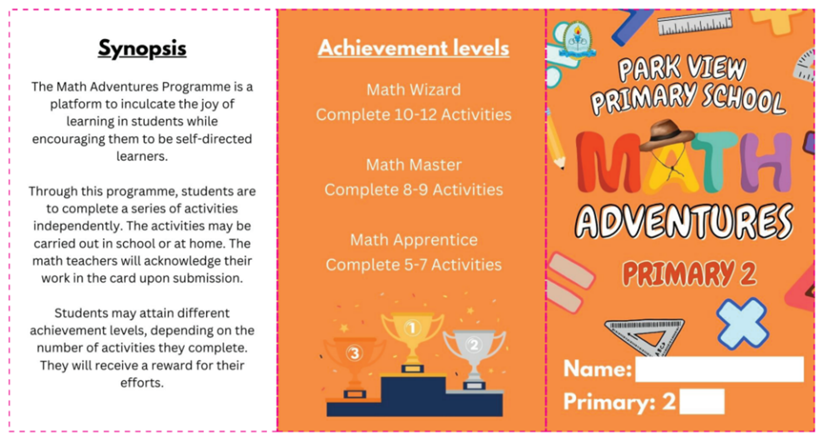 Park View Primary School Math Adventures Primary 2 brochure with synopsis, achievement levels, and trophy podium illustration.