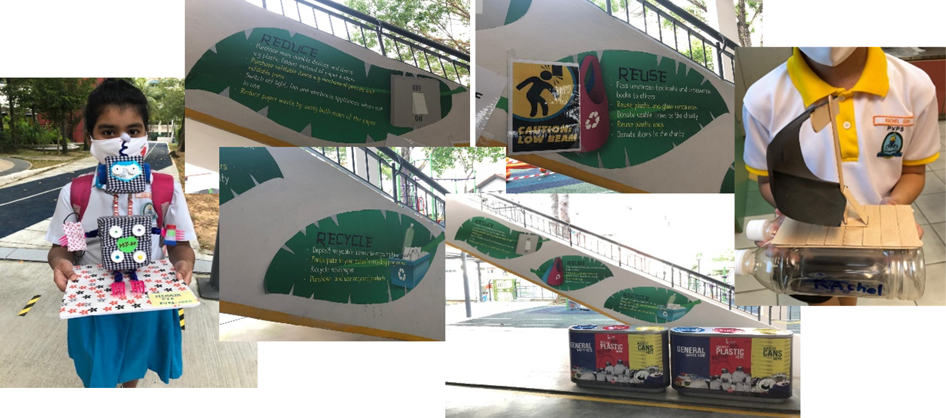 Students display recycling projects near school murals showing Reduce, Reuse, Recycle messages and labeled recycling bins.