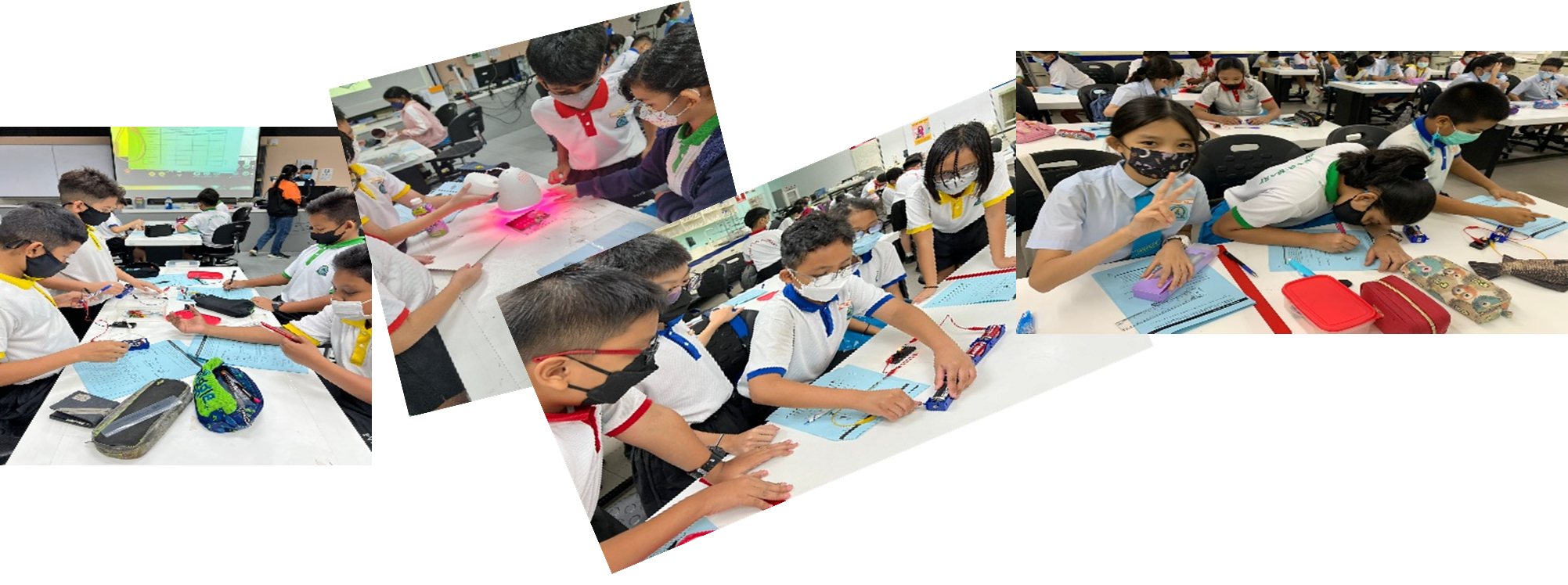 Students wearing face masks work on hands-on activities at classroom tables in four collaged photos.