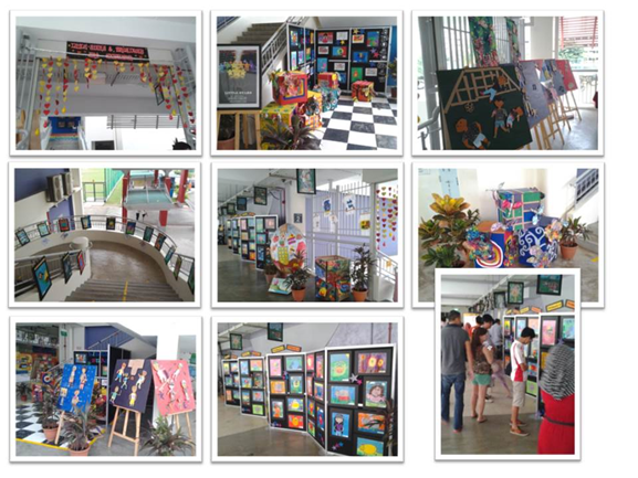 Nine photos of a colorful school art exhibition with paintings displayed on boards, easels, and walls indoors and outdoors.