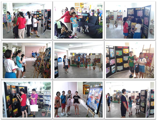 Nine photos of children and adults viewing colorful artwork displays on boards at an indoor exhibition.