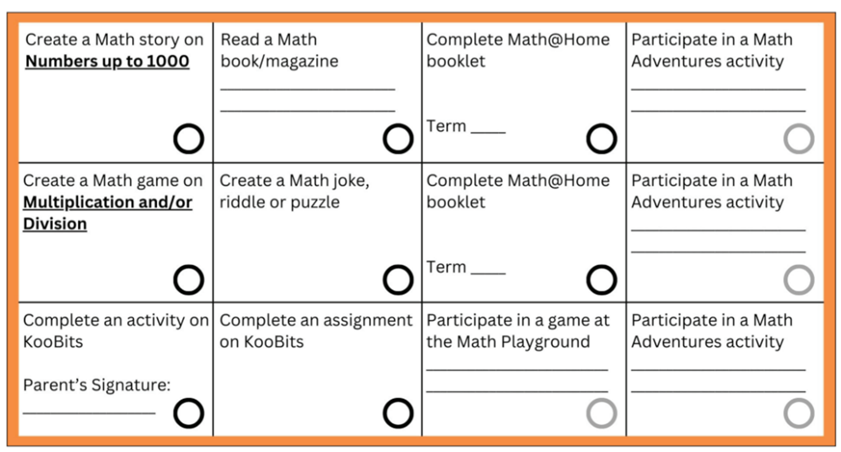 A math activity checklist grid with 12 tasks including creating stories, games, jokes, and completing booklets.