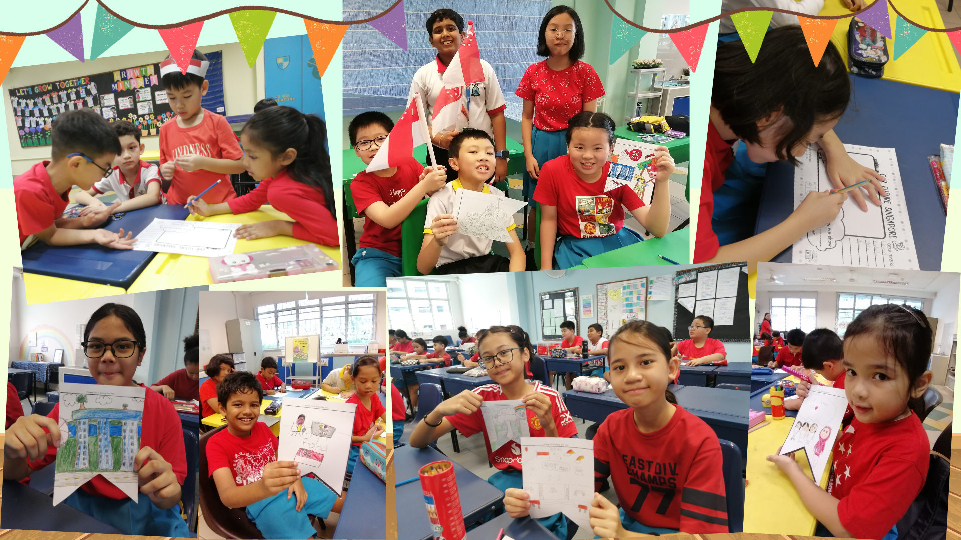 A collage of school children in red uniforms holding drawings and Singapore flags in a decorated classroom.