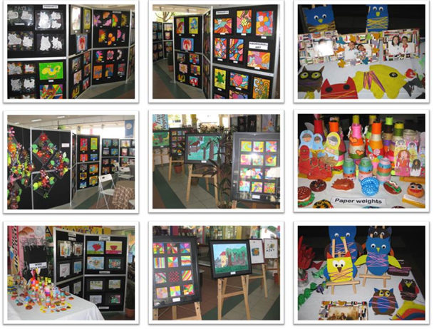 Nine photos showing a children's art exhibition with colorful paintings on boards, paper crafts, and decorated paper weights on display.