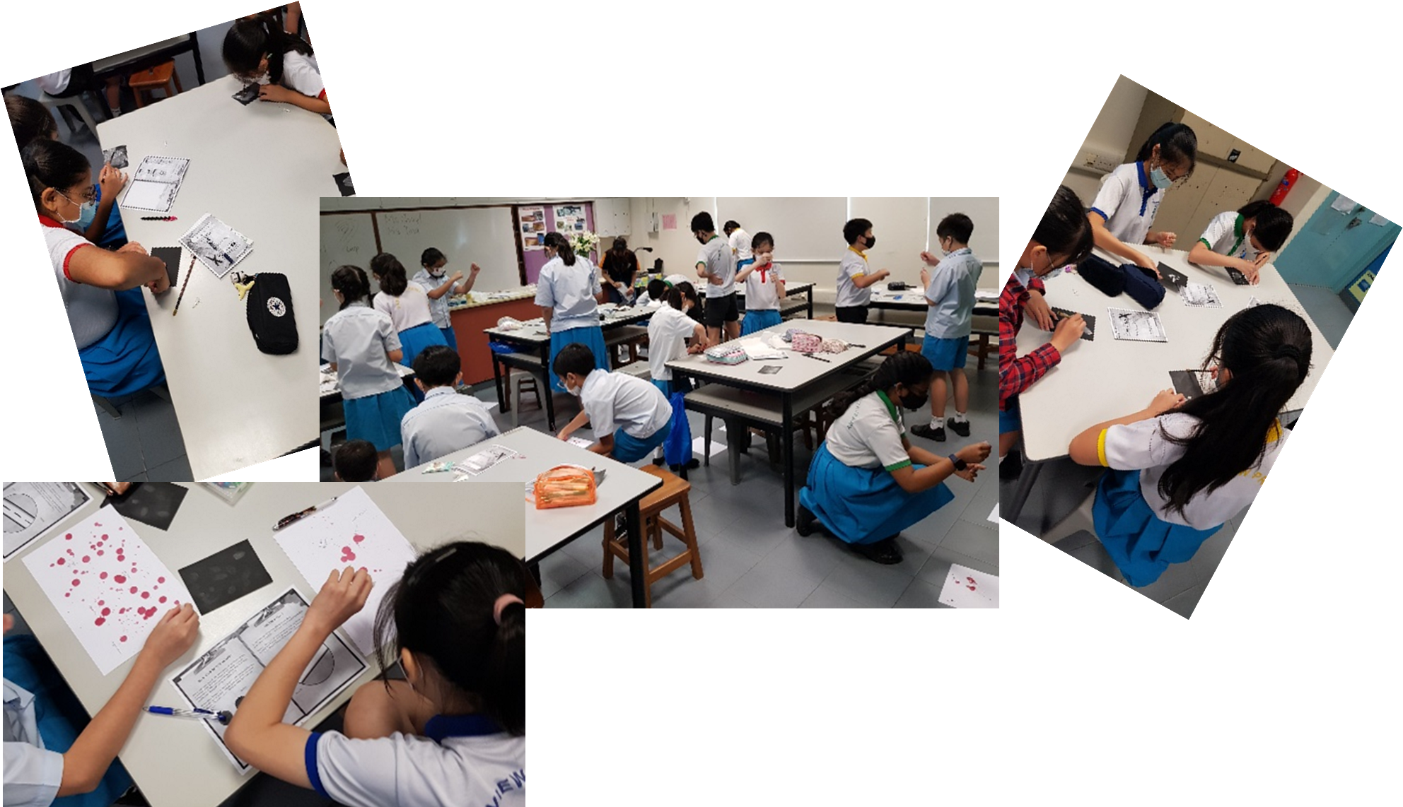 Students in school uniforms work on activity sheets with red ink spots in a classroom setting.