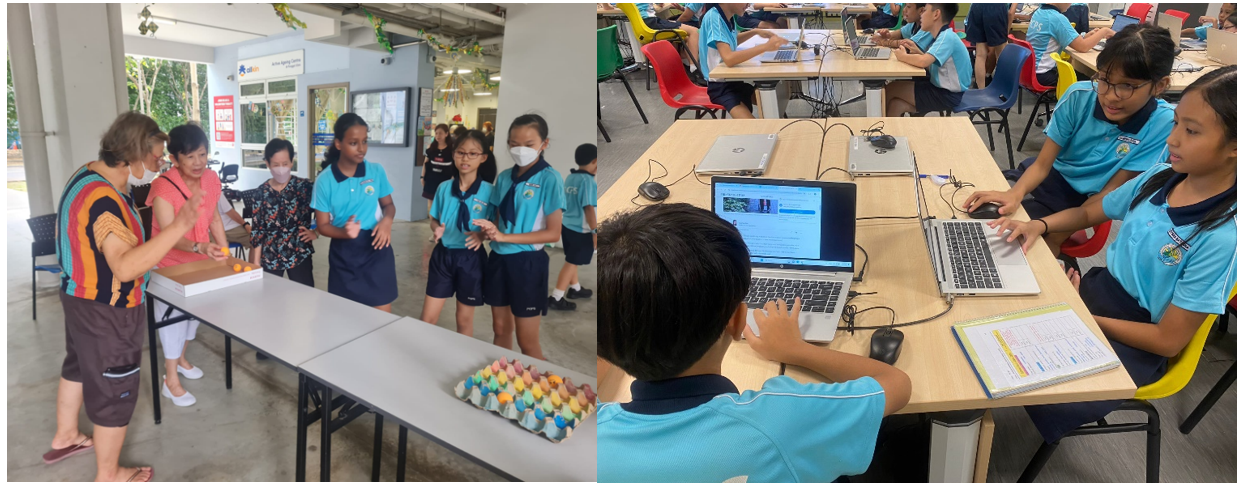 Students in blue uniforms gather around a table with eggs outdoors, and work on laptops indoors.