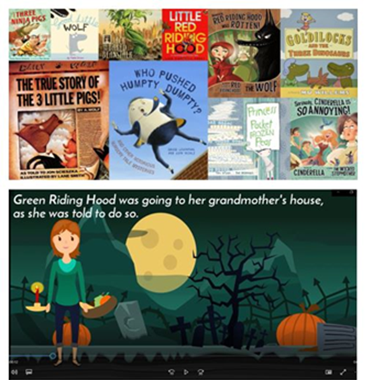Collage of fairy tale book covers above a video still of an animated girl with text about Green Riding Hood.