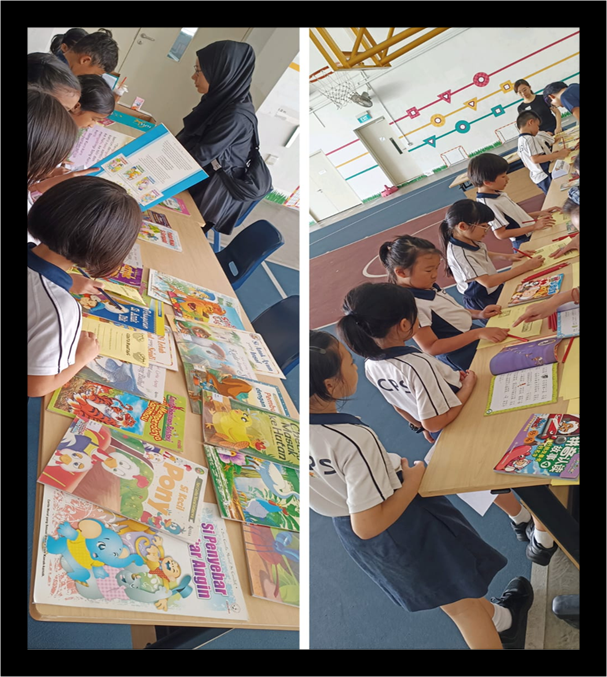 Children in school uniforms browse colorful books spread across tables in what appears to be a school setting.
