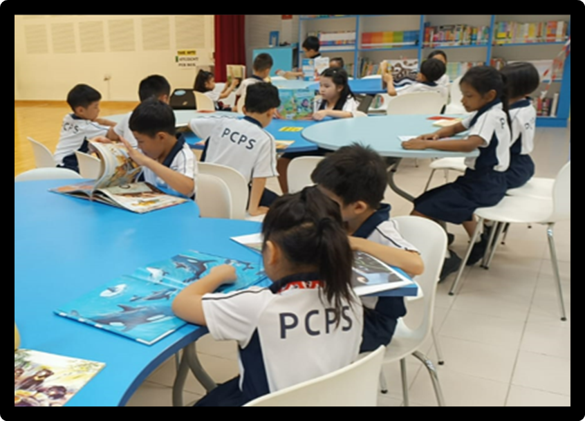 Children in PCPS uniforms sit at blue tables in a school library, reading colorful books.