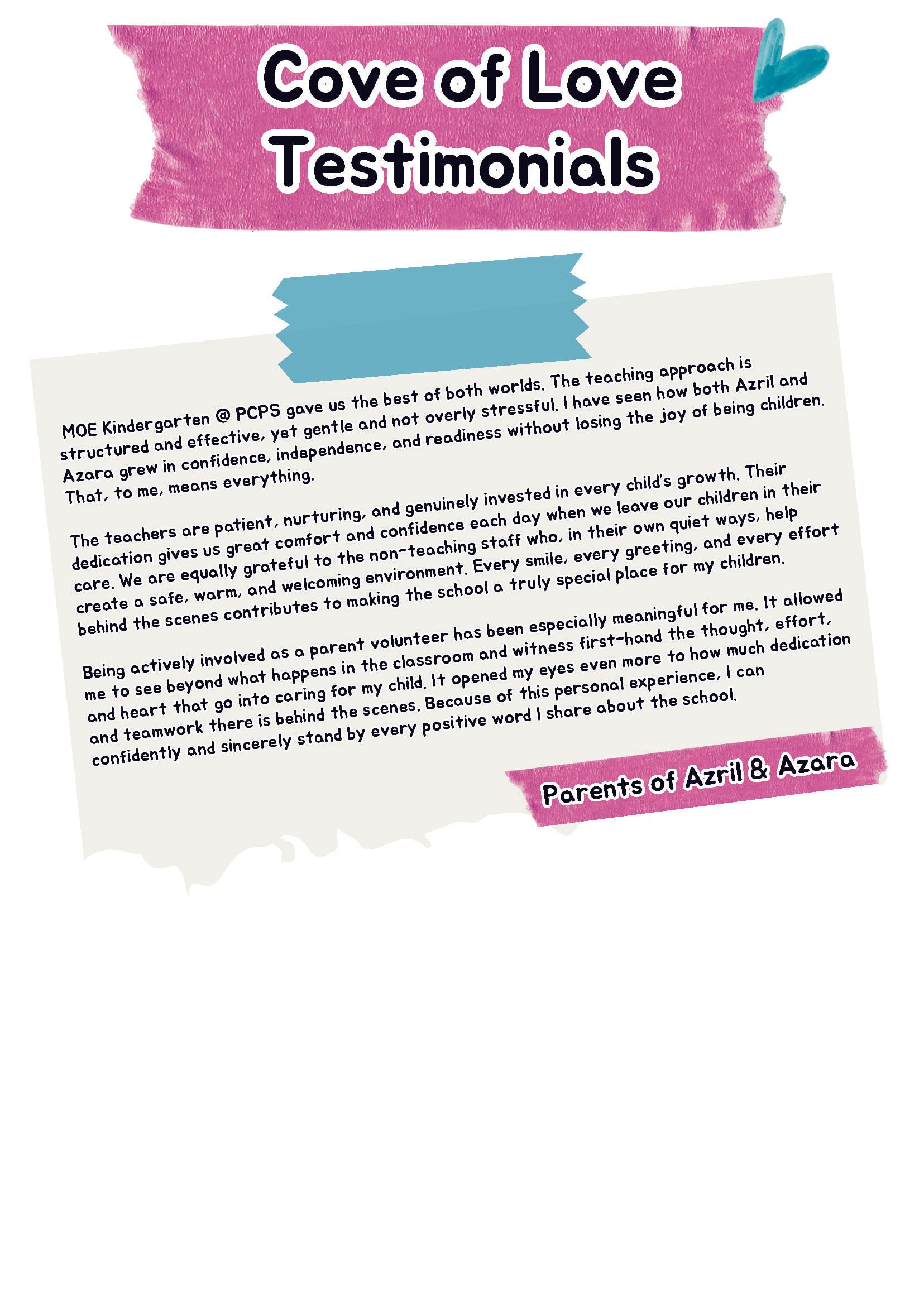 Cove of Love Testimonials flyer with a parent letter praising MOE Kindergarten, signed Parents of Azril and Azara.