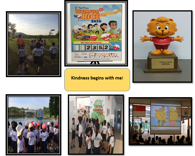 Collage of school children at a Walk for Rice 2016 event, a lion trophy, and a kindness presentation.