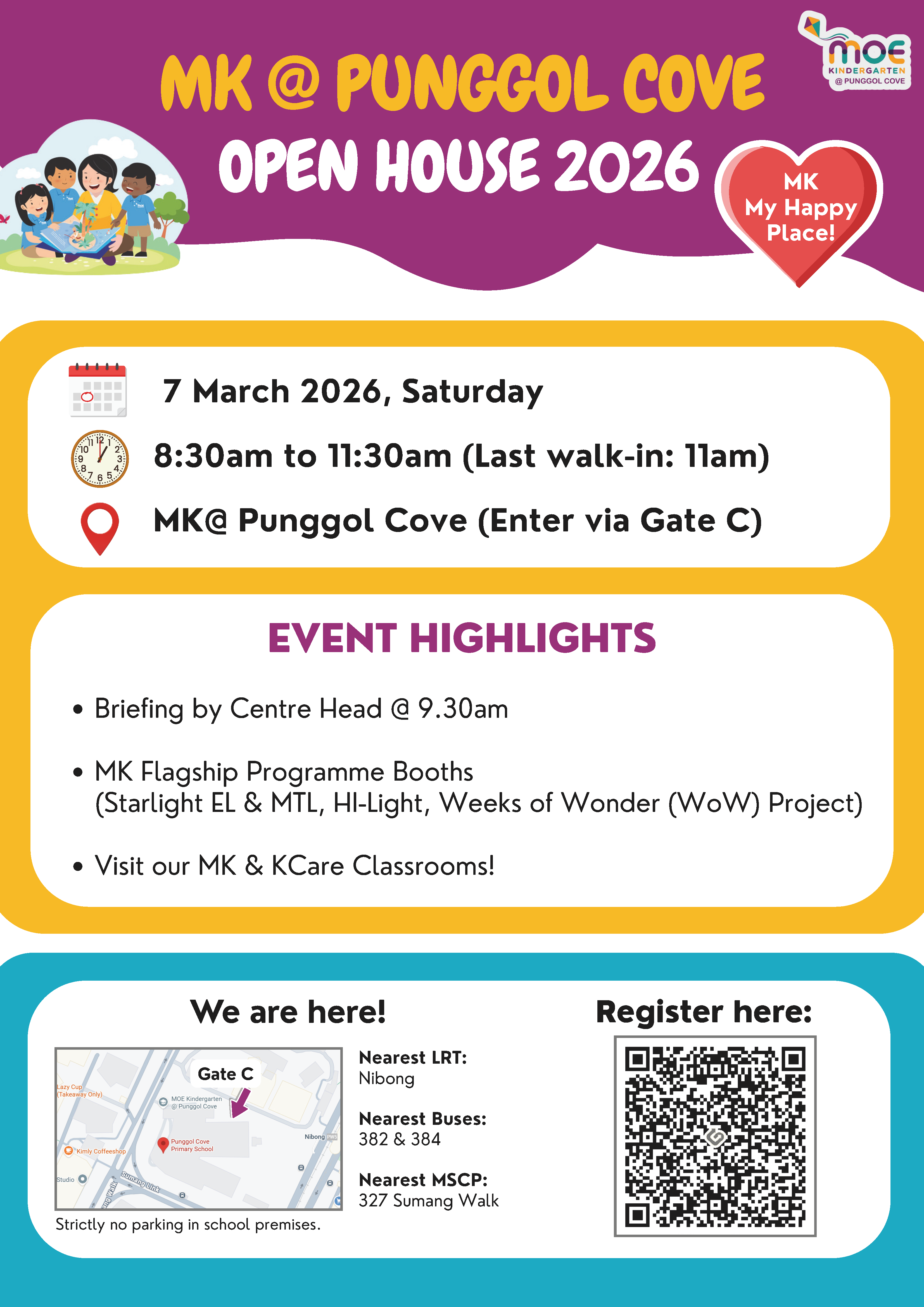 Flyer for MK at Punggol Cove Open House 2026 on 7 March, 8:30am to 11:30am, with event details and QR code.