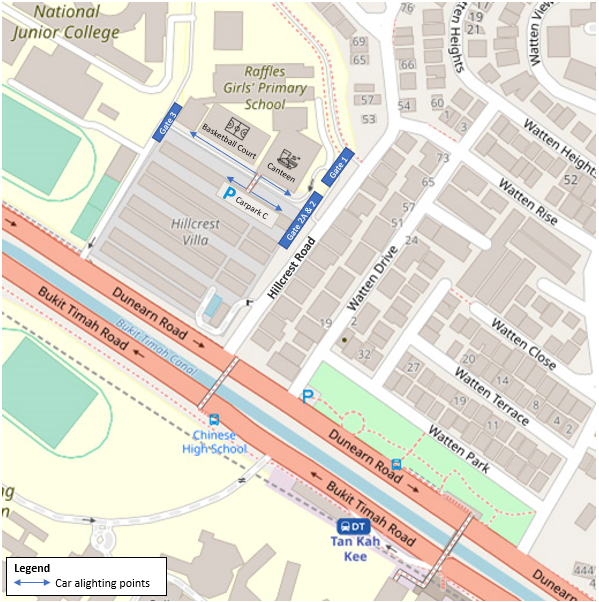 Street map showing Raffles Girls Primary School area with Dunearn Road, Bukit Timah Road, and car alighting points marked.