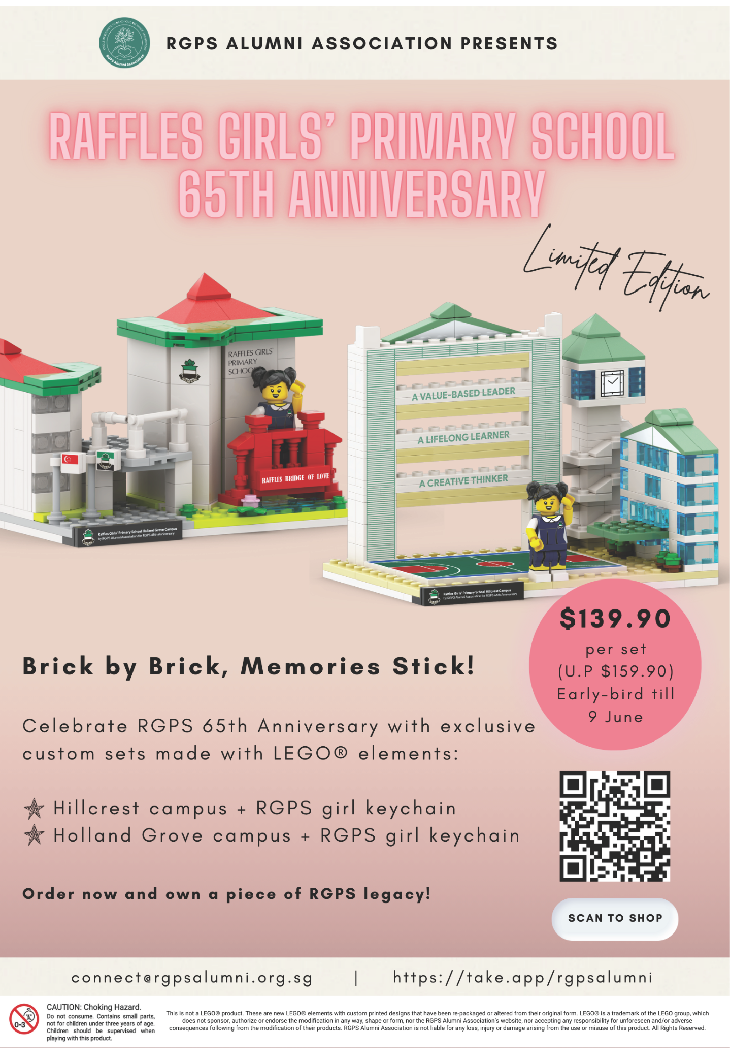 Flyer for RGPS Alumni Association promoting limited edition LEGO sets of school campuses for the 65th anniversary at $139.90.