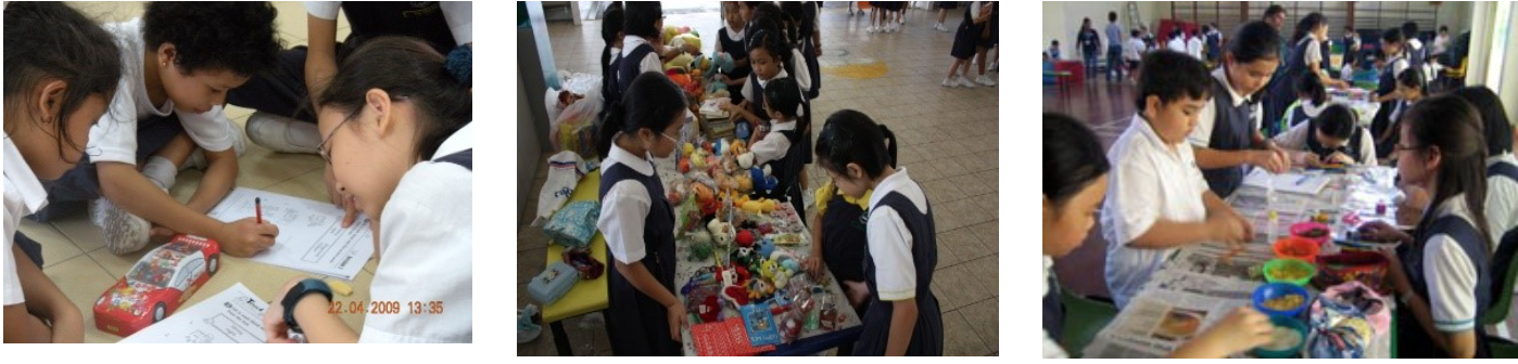 Three photos of uniformed school children writing, browsing toys on a table, and working at a craft table indoors.