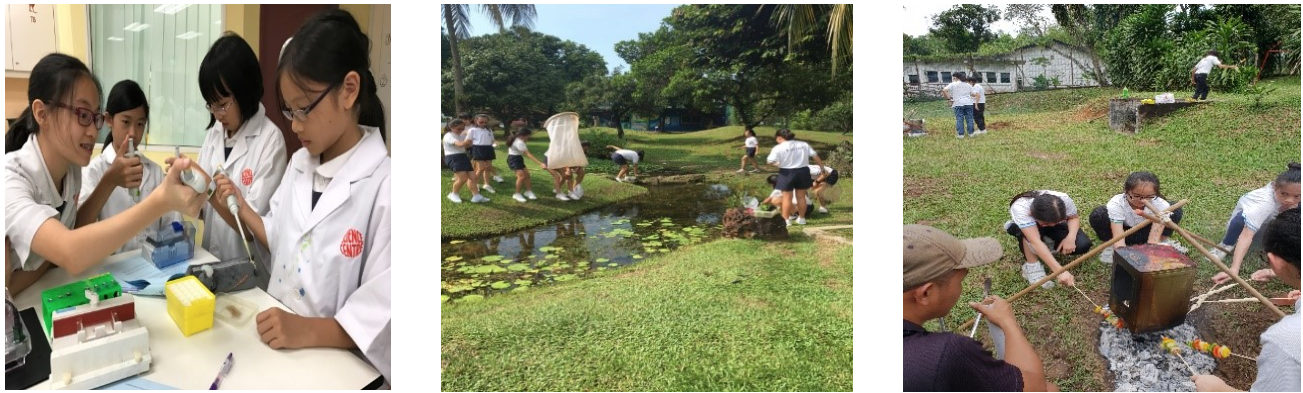 Three scenes: students in lab coats using pipettes, students collecting samples by a pond, and students cooking over an outdoor fire.