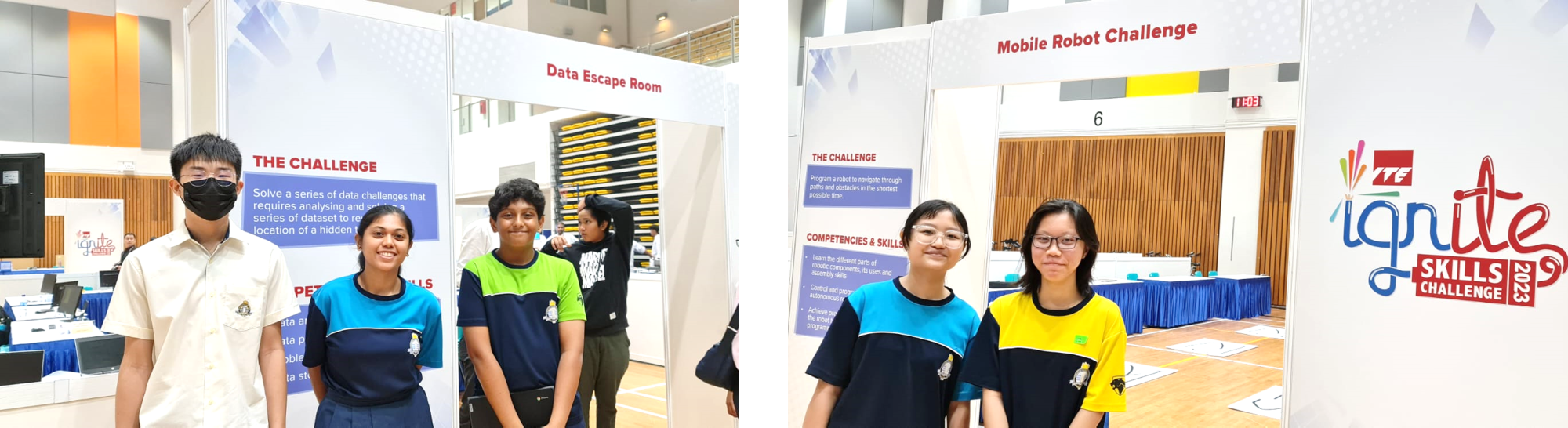 Students pose at Data Escape Room and Mobile Robot Challenge booths at the ITE Ignite Skills Challenge 2023.