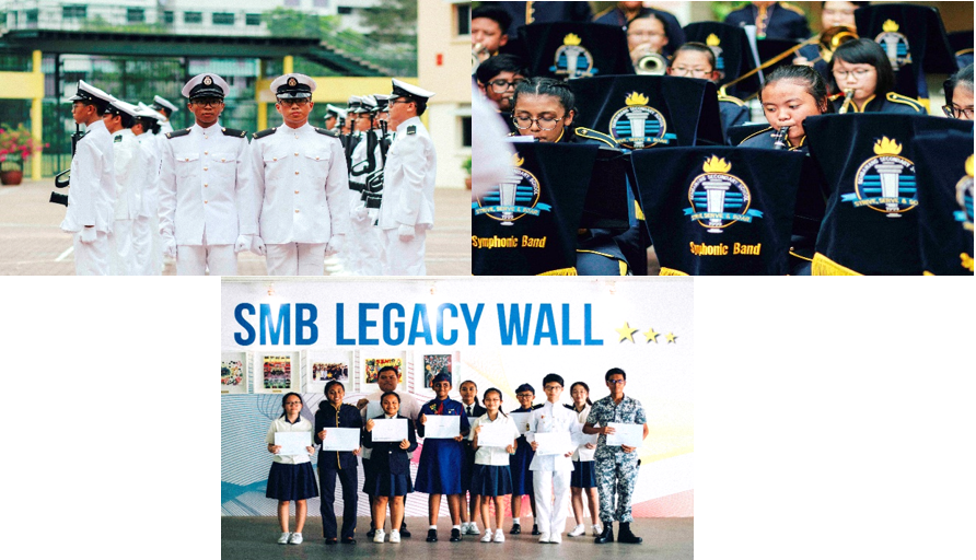 Three school scenes: cadets in white uniforms, a symphonic band performing, and students at an SMB Legacy Wall.
