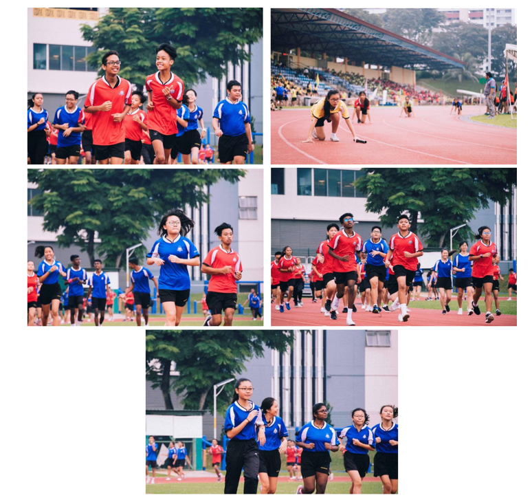 Five photos of students in red and blue uniforms running on a track during a school sports event.