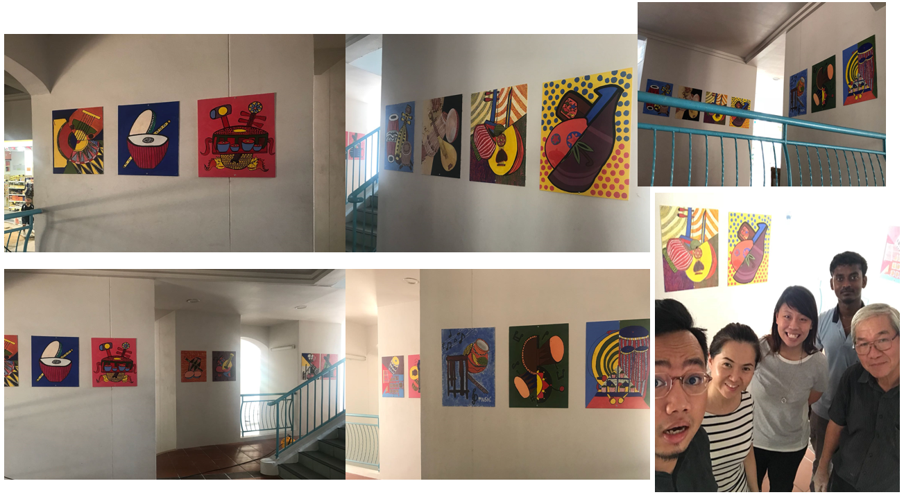 Collage of colorful bold paintings of musical instruments displayed on white walls, with five people posing together in one panel.