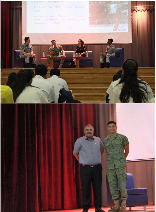 Four panelists in military uniforms sit on stage before students, while below two men pose in front of red curtains.