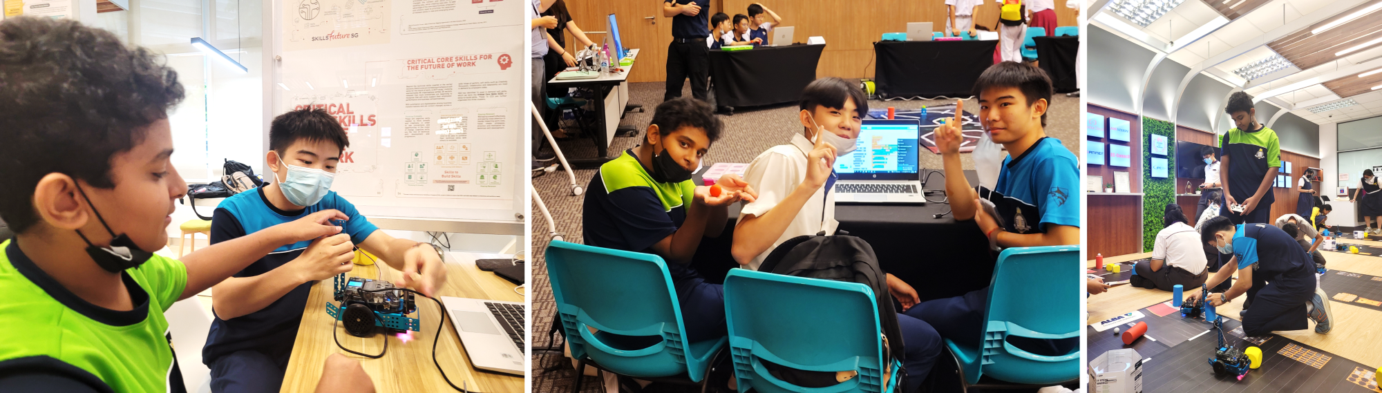 Three panels show students in blue-green uniforms building and testing robots at tables and on a floor mat.