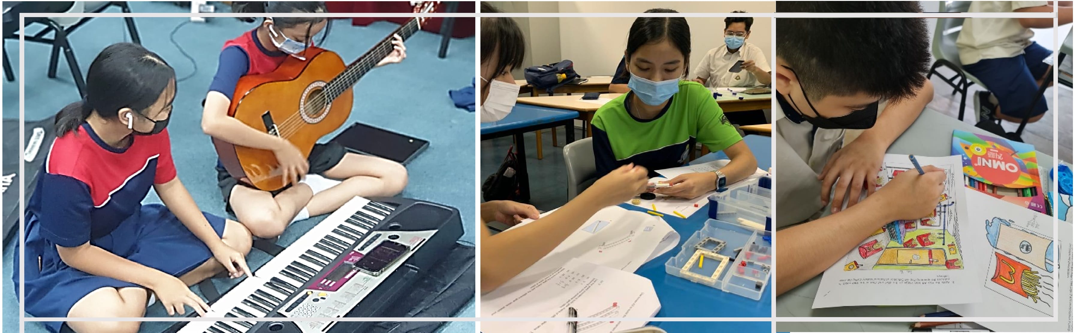 Three panels show masked students doing activities: playing keyboard and guitar, working with electronics, and drawing colorful artwork.