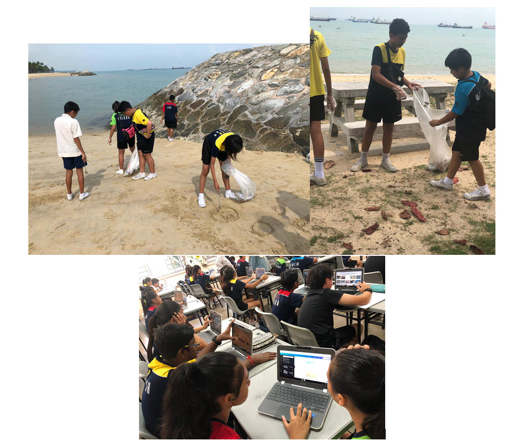 Students collect trash on a sandy beach and later use laptops and tablets in a classroom.