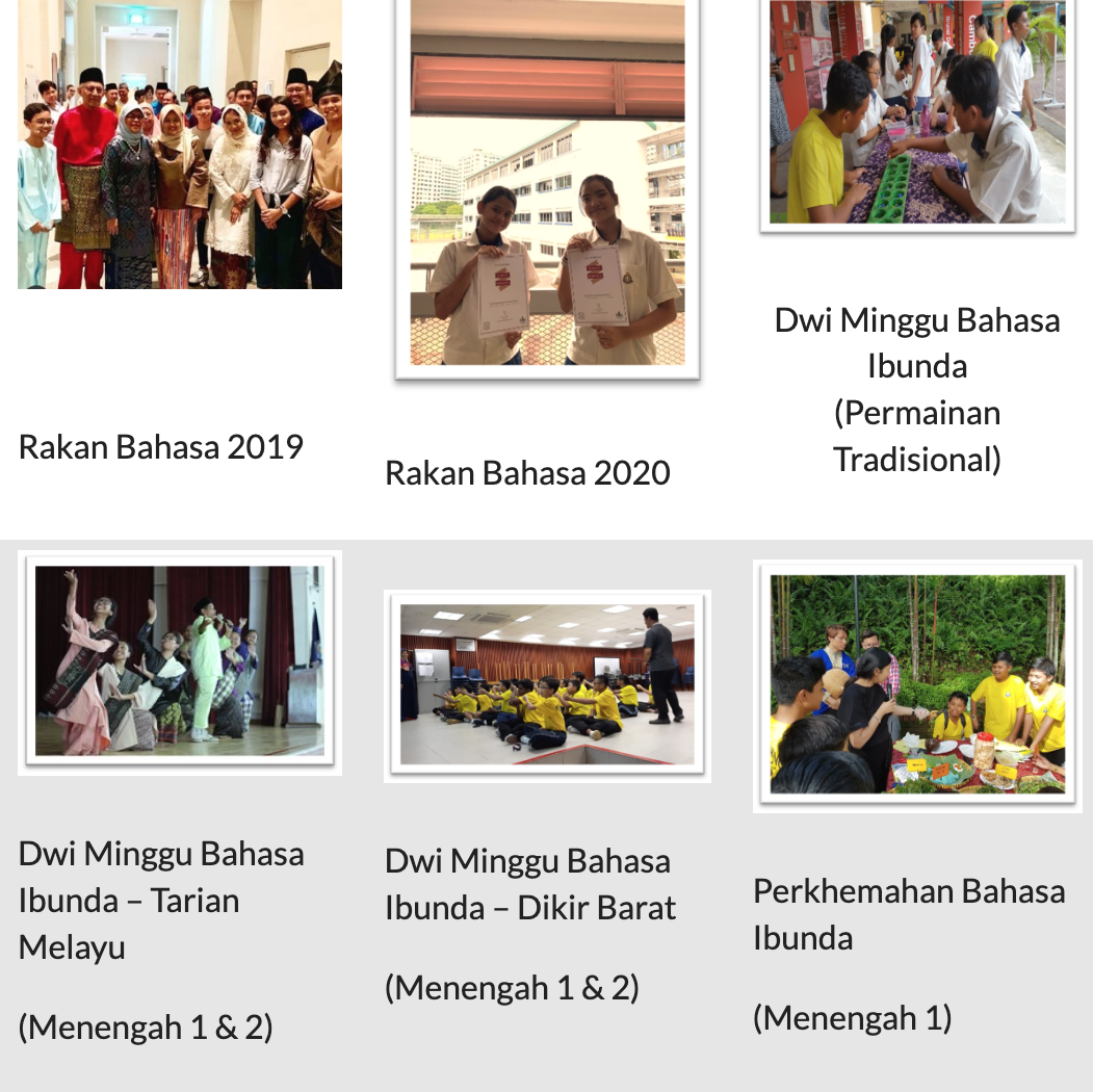 Six photos showing Malay language school events including group poses, dance, dikir barat, games, and outdoor activities.