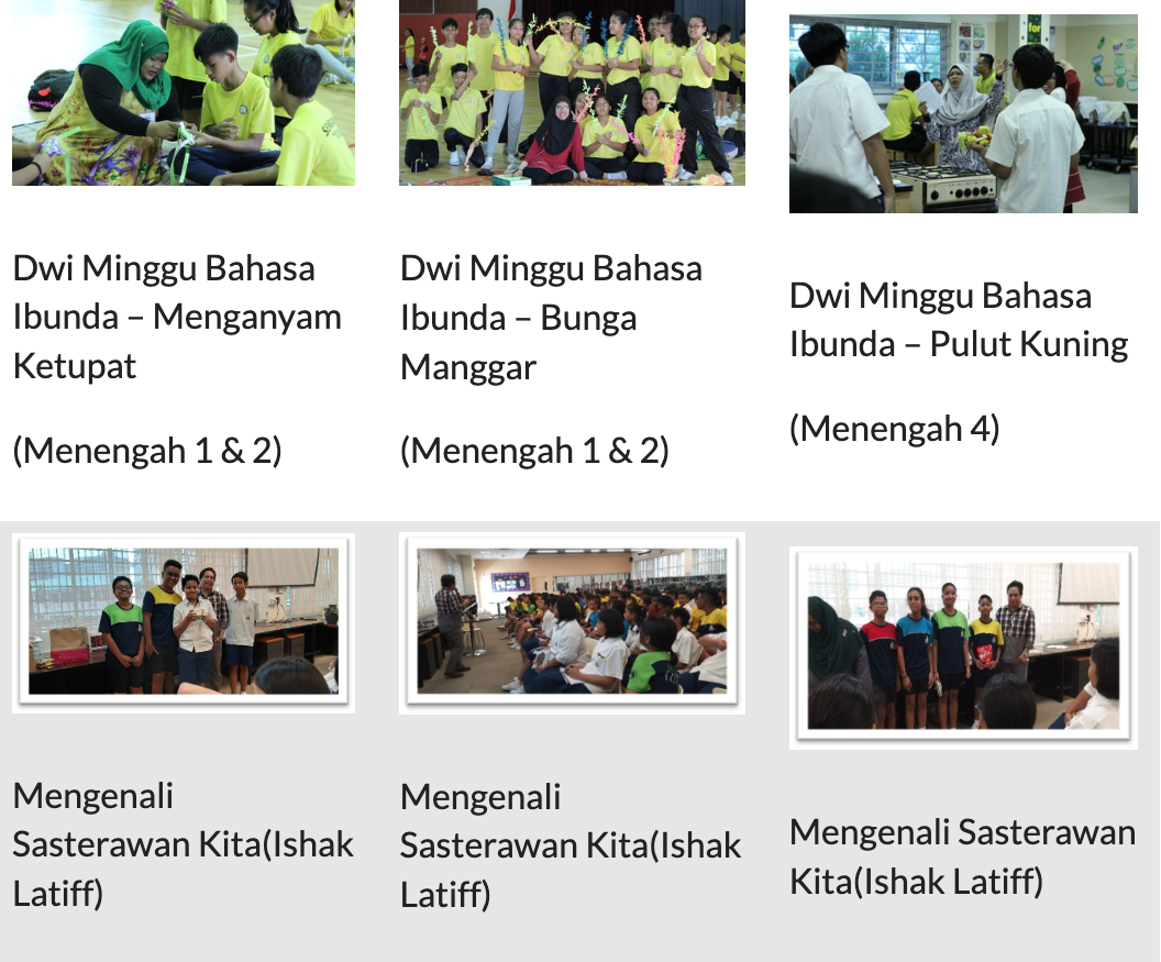 Six school activity photos showing students in yellow uniforms doing crafts, posing, cooking, and attending talks.