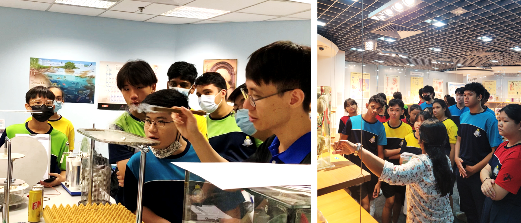 Students in colorful uniforms watch a science demonstration with smoke on the left, and tour a museum exhibit on the right.