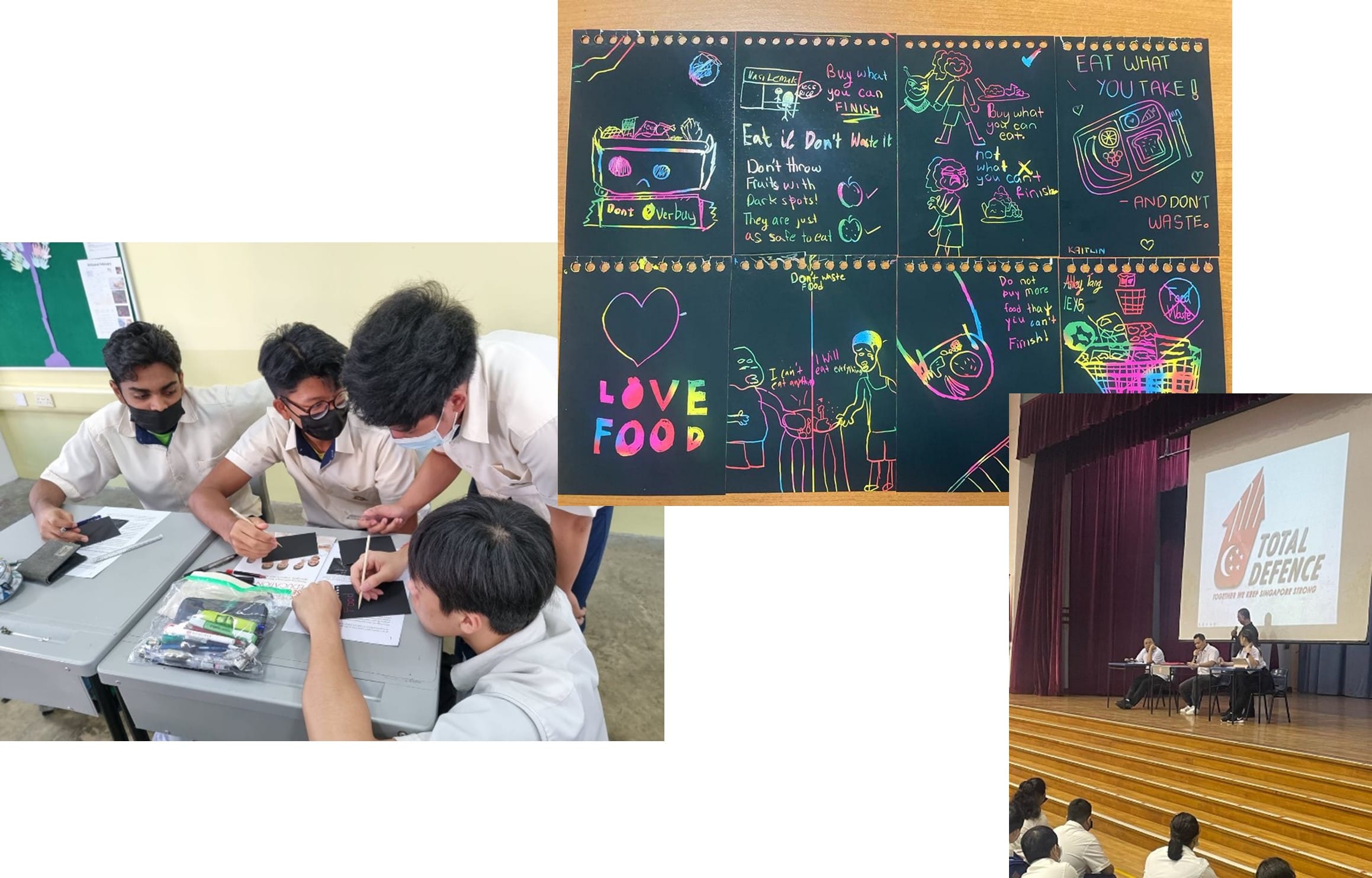 Students create colorful scratch art posters about reducing food waste, work at desks, and attend a Total Defence assembly.