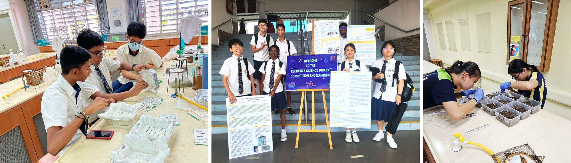 Students in school uniforms do lab work, pose at a science exhibition, and examine soil samples in three panel photos.