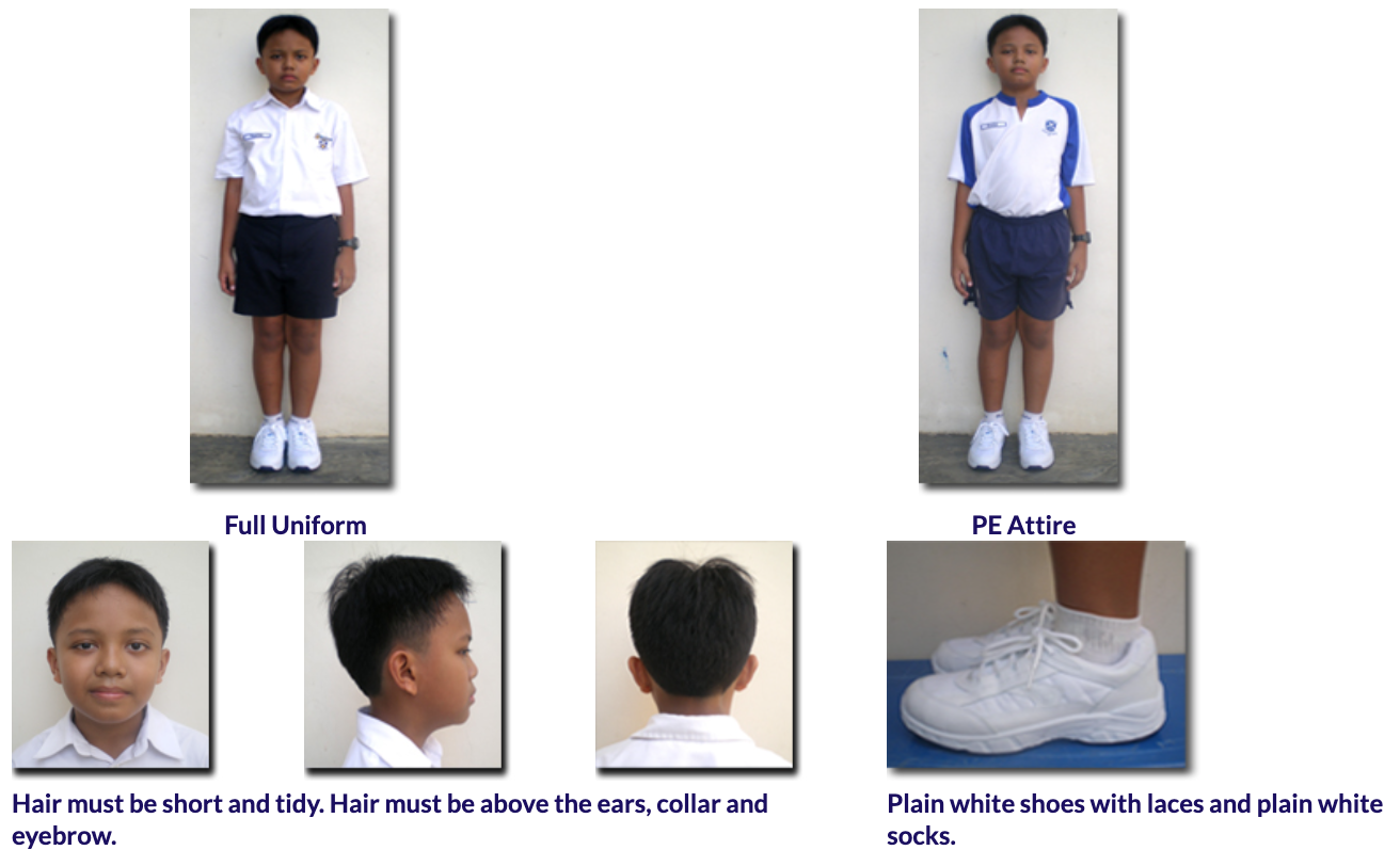 School uniform guide showing a boy in full uniform and PE attire, with hair and shoe requirements labeled.