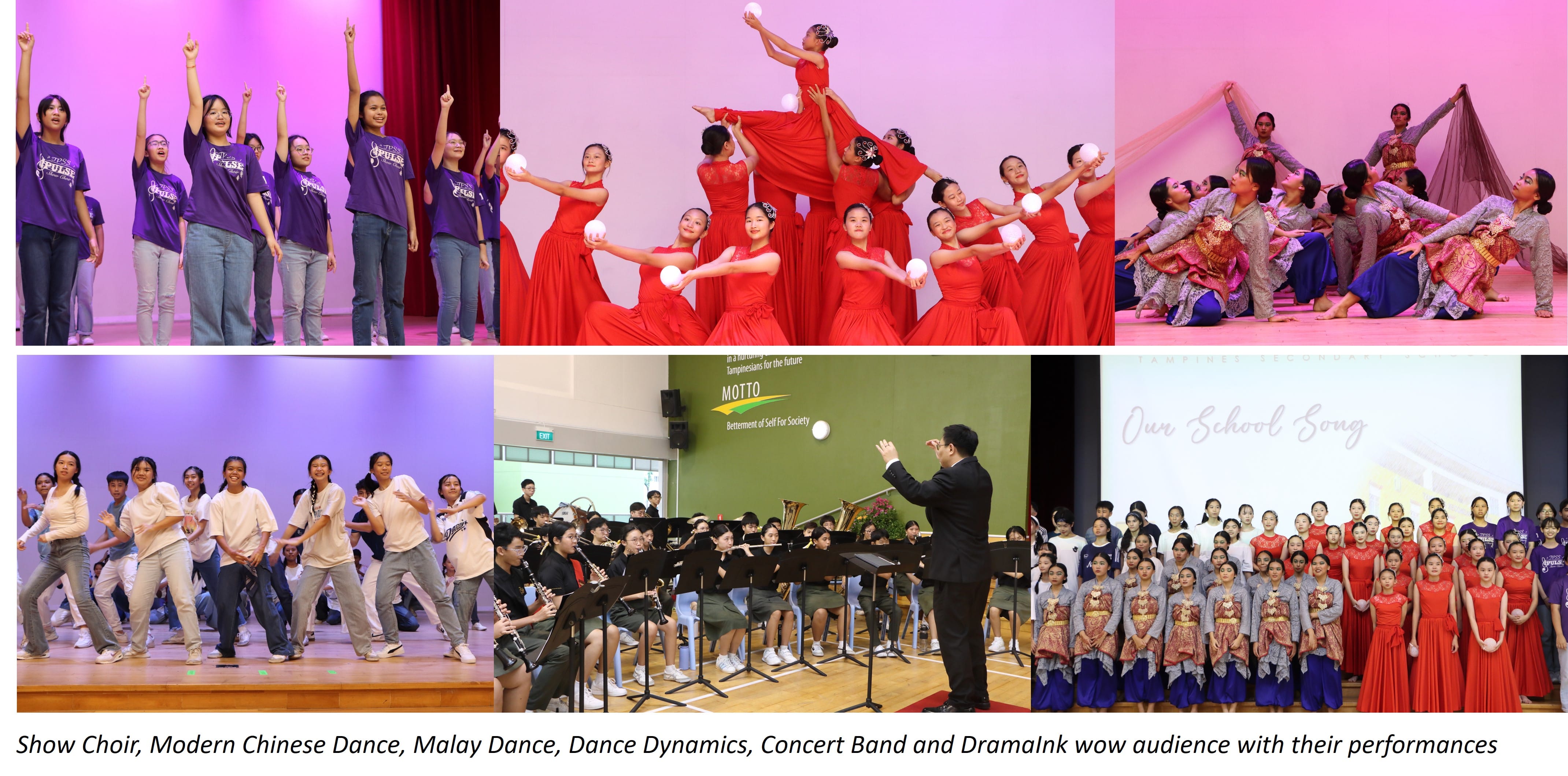 Six photos show students performing choir, Chinese dance in red gowns, Malay dance, modern dance, concert band, and a group song.