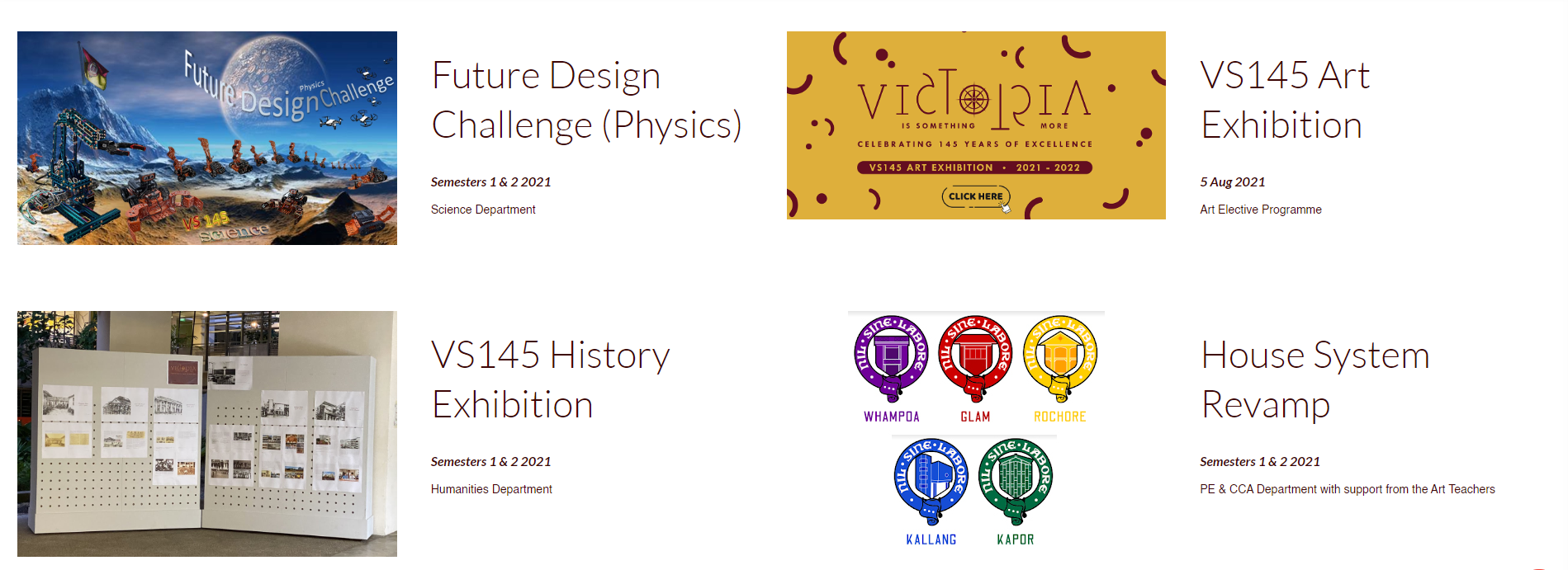 Four school event cards showing Future Design Challenge, VS145 Art Exhibition, History Exhibition, and House System Revamp.