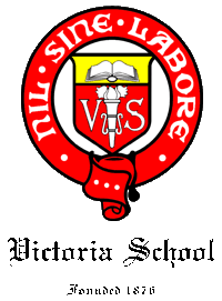 Circular red and gold crest with Latin motto, central shield, and text Victoria School Founded 1876 below.