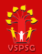 White figure with raised arms forms a tree with yellow people and hearts on a red background above text VSPSG.